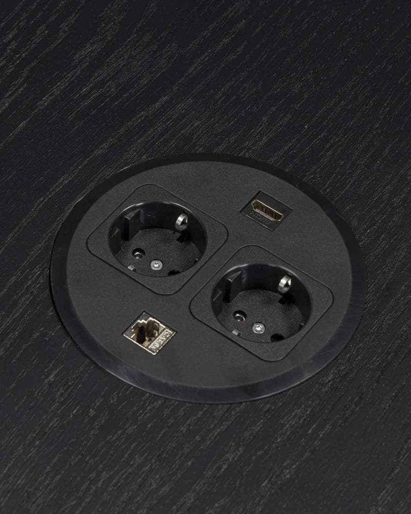 Trim Round Dining Table - 1500mm - Black Oak with Power Plug